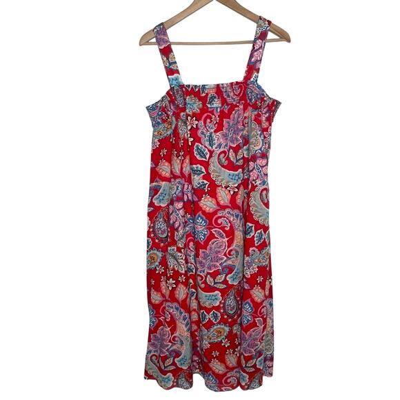 Talbots Womens Fit And Flare Midi Dress 16 Red Colorful Paisley Cotton Summer - Picture 3 of 10